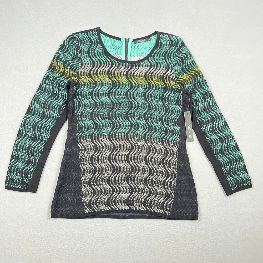 NWT NIC+ZOE Wave Knit Zip Back Sweater Grey Teal Green Long Sleeve Women's S